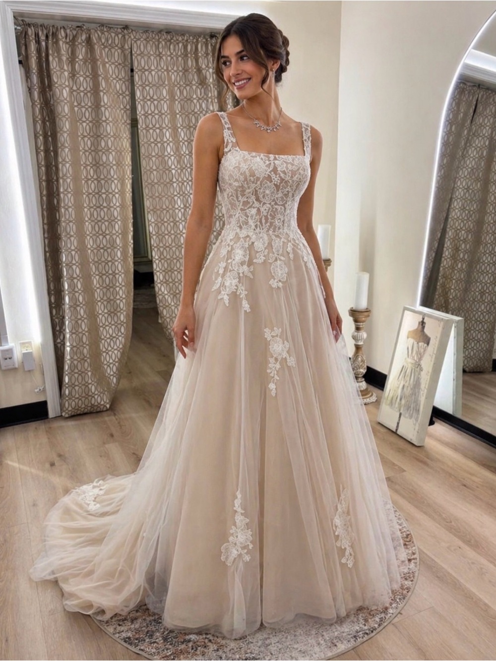 Ti Adora by Alvina Valenta Champagne and Ivory Lace A-Line Gown